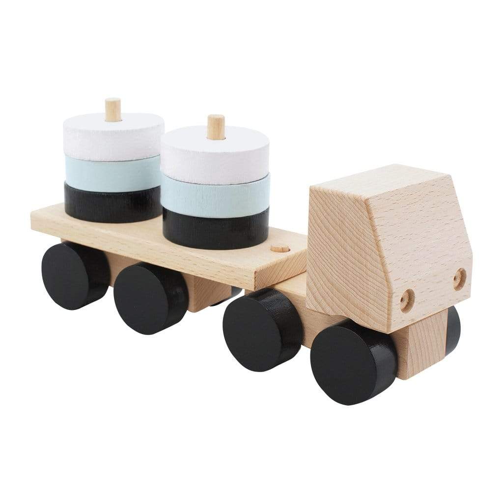 handmade wooden stacking truck. Black, white and light blue stacking blocks. Helps with kids learning. 