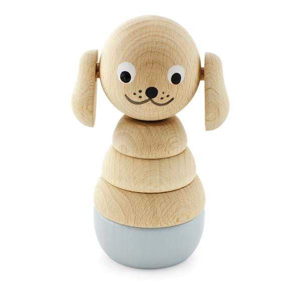 Handmade stacking dog. natural coloured wood with painted eyes and mouth. Blue base stacking puzzle