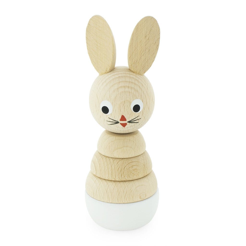 Handmade stacking bunnie. natural coloured wood with painted eyes and mouth. Light blue base stacking puzzle