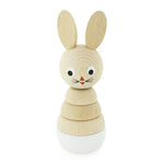 Load image into Gallery viewer, Handmade stacking bunnie. natural coloured wood with painted eyes and mouth. Light blue base stacking puzzle
